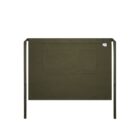 Olive green waist apron with two front pockets and long waist ties, laid flat.