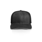 Black mesh trucker hat viewed from the front on a white background.