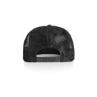 Back view of a black mesh trucker hat with an adjustable snapback closure.