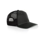 Black mesh trucker hat with a curved brim, shown on a white background.