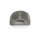 Back view of a gray mesh trucker cap with an adjustable snapback closure.
