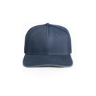 Front view of a plain dark blue trucker hat with mesh sides on a white background.