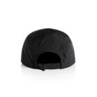 Back view of a black cap with adjustable strap on a white background.