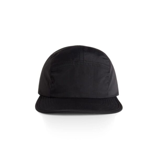Black five-panel cap with a flat brim, shown from the front on a white background.