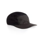 Black and dark gray five-panel cap with a curved brim on a white background.