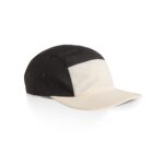 Black and beige color-blocked baseball cap on a white background.