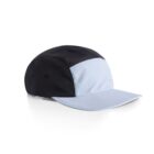 A black and light blue color-blocked baseball cap on a white background.