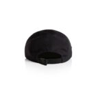 Back view of a black baseball cap with an adjustable strap on a white background.