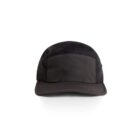 A black baseball cap viewed from the front on a white background.