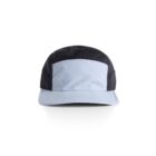 A light blue and black five-panel cap shown from the front on a white background.