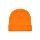 Bright orange knit beanie hat with a folded brim, displayed on a white background.