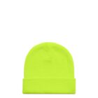 Neon yellow knit beanie with a folded brim on a white background.