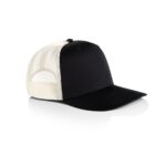 Black and white trucker hat with mesh back, displayed on a white background.