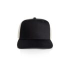Black and white trucker hat facing forward on a white background.