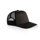 Black and mesh trucker cap on a white background, facing slightly to the right.