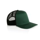 Green and black mesh trucker hat on a white background.