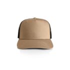 Tan and black trucker hat with a curved brim, viewed from the front on a white background.