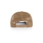 Back view of a tan mesh trucker hat with an adjustable plastic snap closure.
