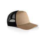 Tan and black trucker hat with a mesh back and curved brim on a white background.