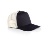 Black and white mesh trucker cap on a white background.