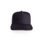 Black and white trucker cap facing forward against a white background.