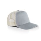 Light gray and white mesh trucker cap with a curved brim on a white background.