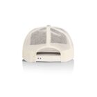 Back view of a white mesh trucker hat with adjustable snap closure.