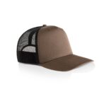 Brown and black mesh trucker cap on a white background.