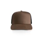 Brown and black mesh trucker hat pictured from the front on a white background.