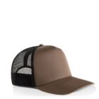 Brown and black trucker hat with a mesh back and curved brim, displayed on a white background.