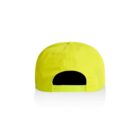 Back view of a bright yellow snapback cap on a white background.