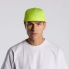 Man in a neon yellow cap and white t-shirt against a plain gray background.