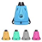 Five backpacks in yellow, blue, green, gray, and pink, displayed in a row on a white background.