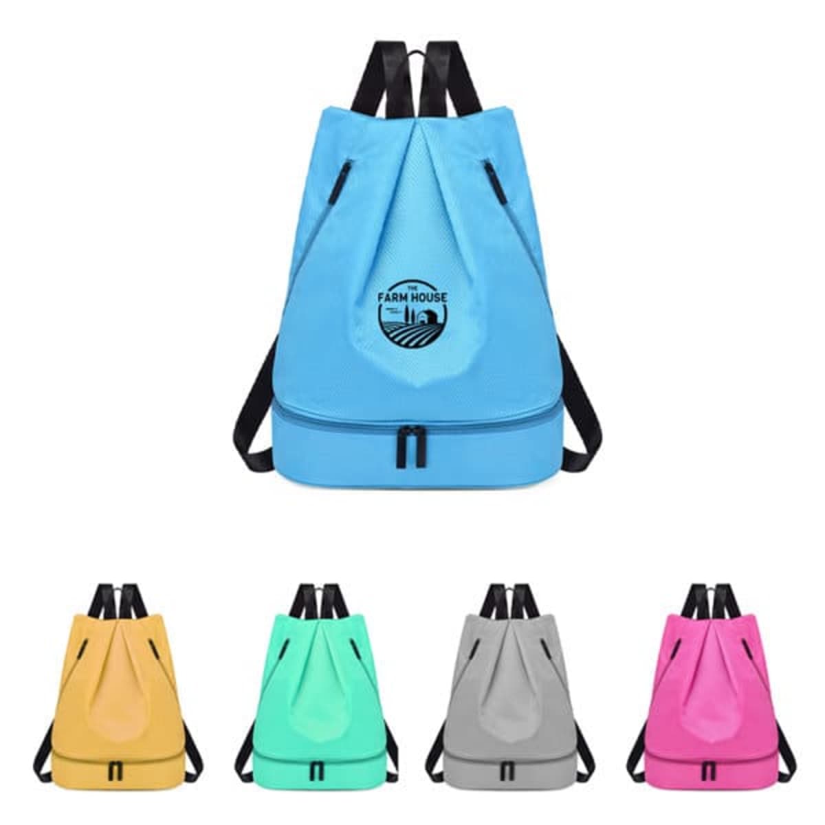 Five backpacks in yellow, blue, green, gray, and pink, displayed in a row on a white background.