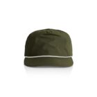 Olive green baseball cap with a white rope detail above the brim, on a white background.