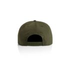 Back view of an olive green baseball cap with an adjustable snapback closure.