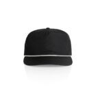 Black baseball cap with a white rope detail above the brim, on a white background.