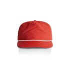 Red baseball cap with a white rope detail on the brim, shown on a white background.