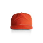 Front view of an orange baseball cap with a white rope detail above the brim.