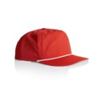 Red baseball cap with a white rope detail above the brim, placed on a white background.