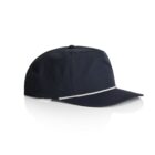 Black baseball cap with a white rope detail above the brim, on a white background.