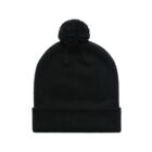 Black knit beanie with a pom-pom on top, displayed against a white background.