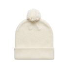 Cream-colored knit beanie with a pom-pom on top, displayed on a white background.