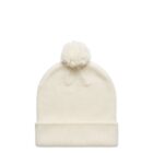 Cream-colored knit beanie with a pom-pom on top and a folded brim, on a white background.