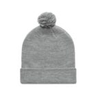 Gray knit beanie with a pom-pom on top, displayed on a white background.