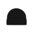 Black knitted beanie hat with a folded brim, displayed on a white background.