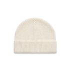 Cream-colored knit beanie hat with a folded brim, displayed on a white background.