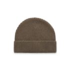A brown knitted beanie hat with a folded brim, shown on a white background.