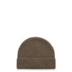 A folded olive green knit beanie hat on a white background.