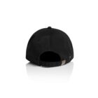 Back view of a black baseball cap with an adjustable strap and metal buckle.